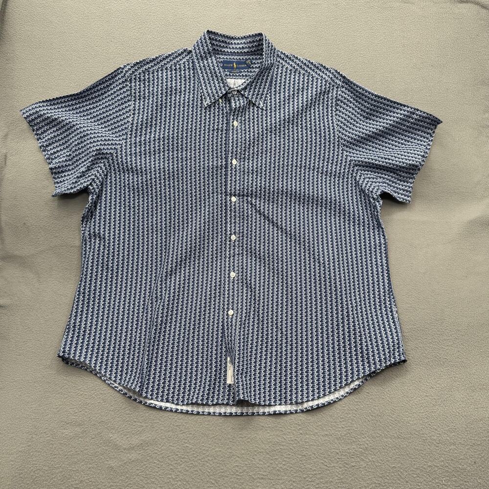 Ralph Lauren Shirt Mens 2XL Blue White Classic Fit Short Sleeve Cotton Patterned